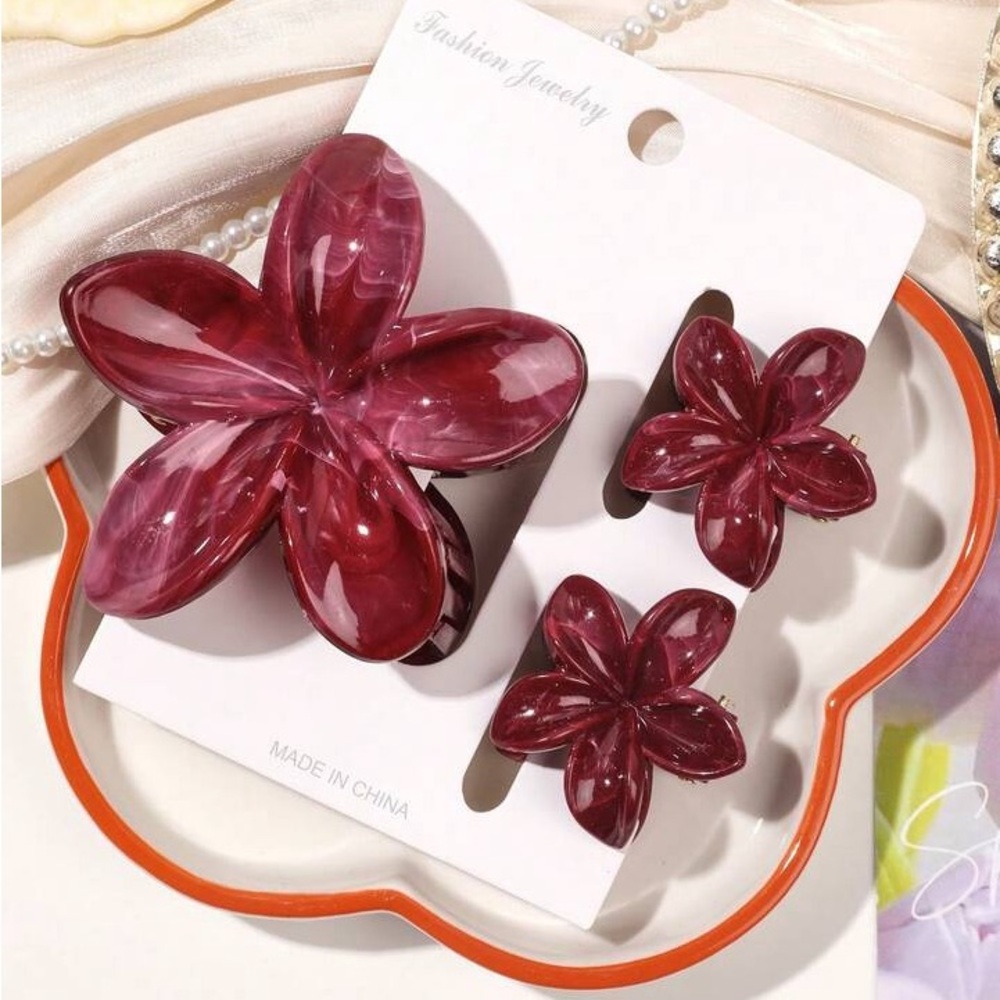 Fashion Jewelry Deep Red Floral Hair Clip Trio